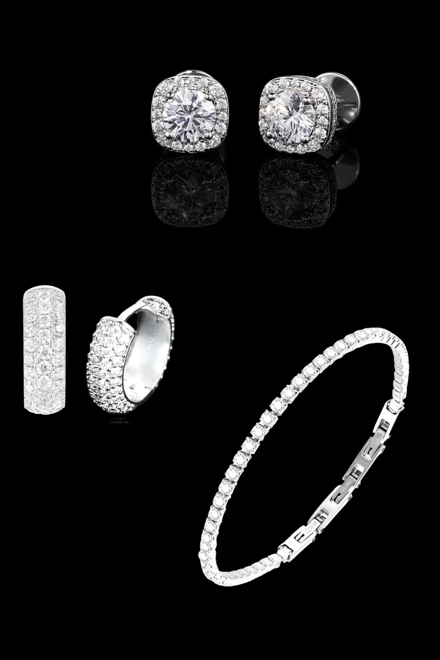 Set orecchini full pavè + square diamond + bracciale tennis
