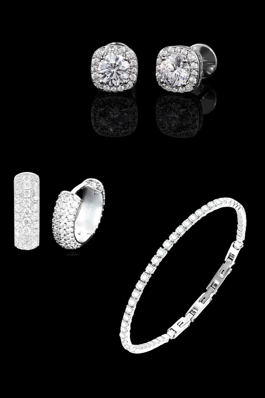 Set orecchini full pavè + square diamond + bracciale tennis
