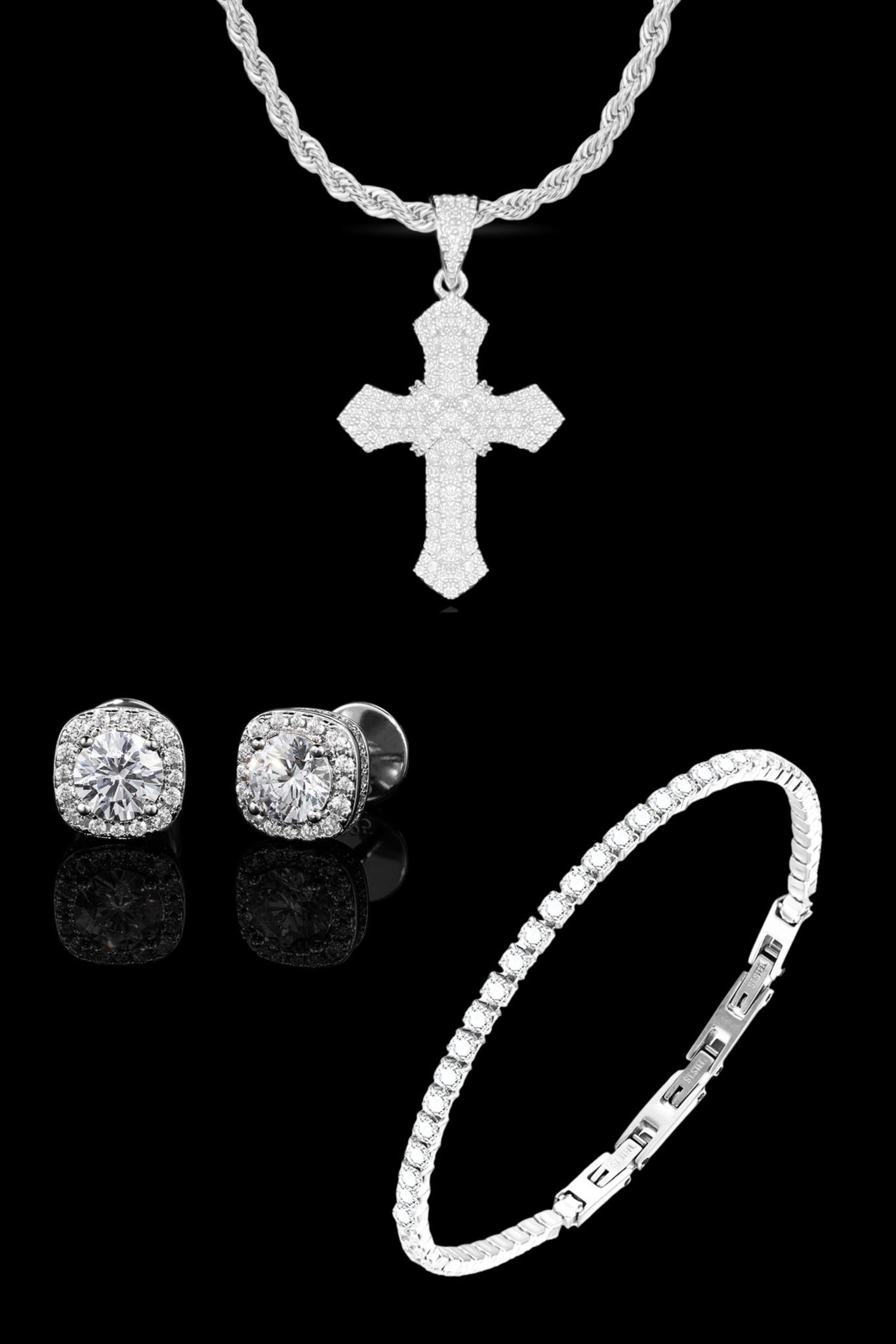 Set collana cross pavè + tennis + orecchini