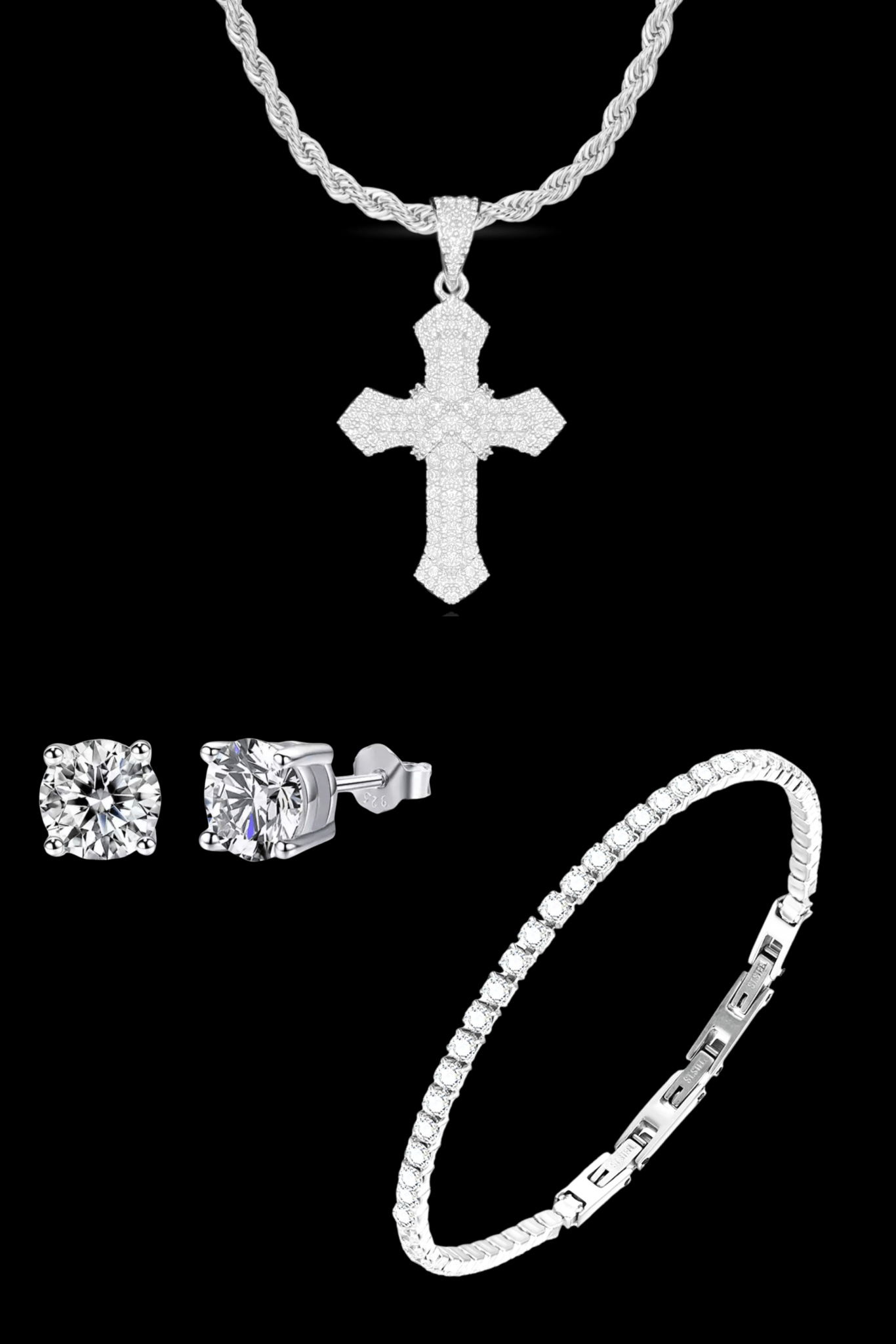 Set collana cross pave + tennis regolabile + punti luce