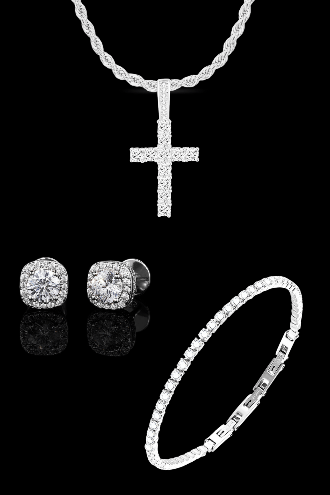 Set argento collana luxury cross + tennis + orecchini