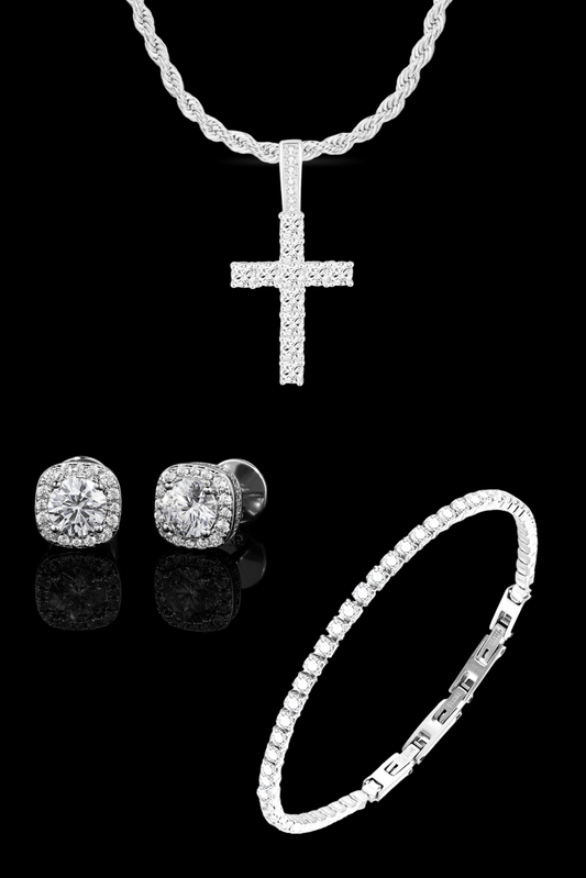 Set argento collana luxury cross + tennis + orecchini
