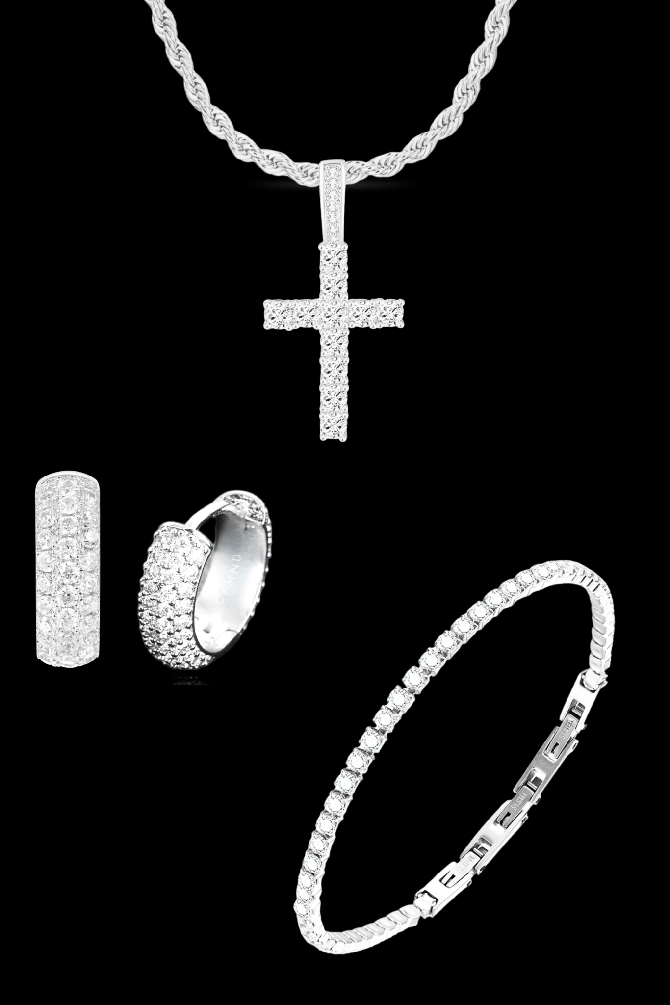Set argento collana luxury cross + tennis + orecchini