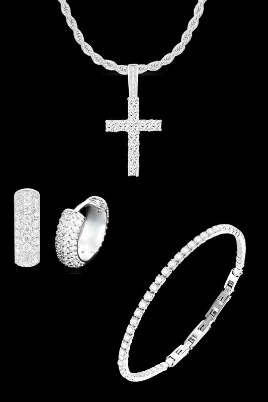Set argento collana luxury cross + tennis + orecchini