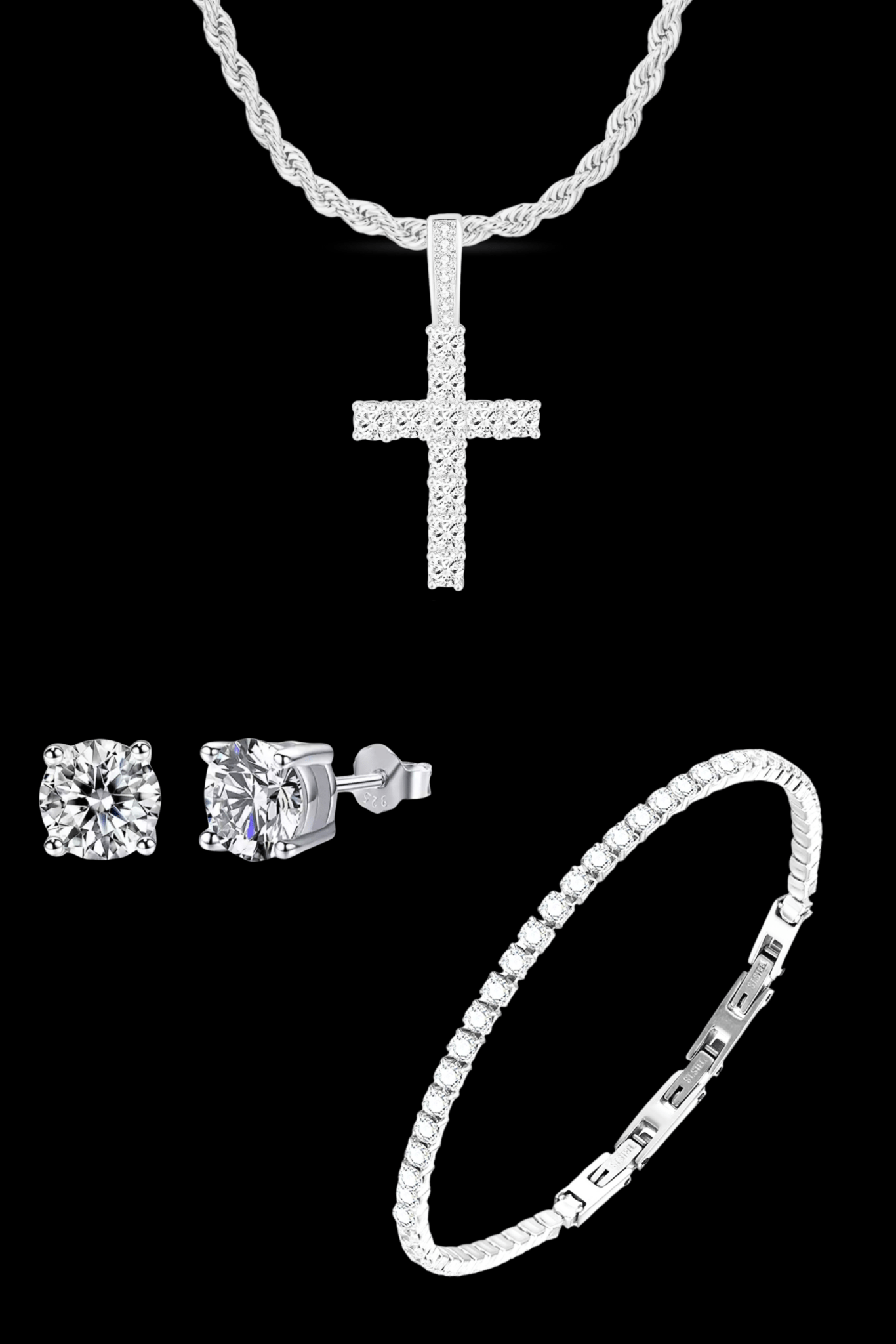 Set argento collana luxury cross + tennis + orecchini