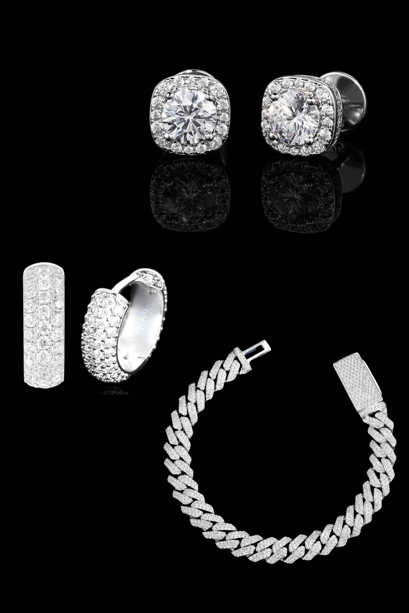 Set orecchini full pavè + square diamond + bracciale cuban