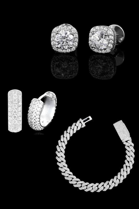 Set orecchini full pavè + square diamond + bracciale cuban