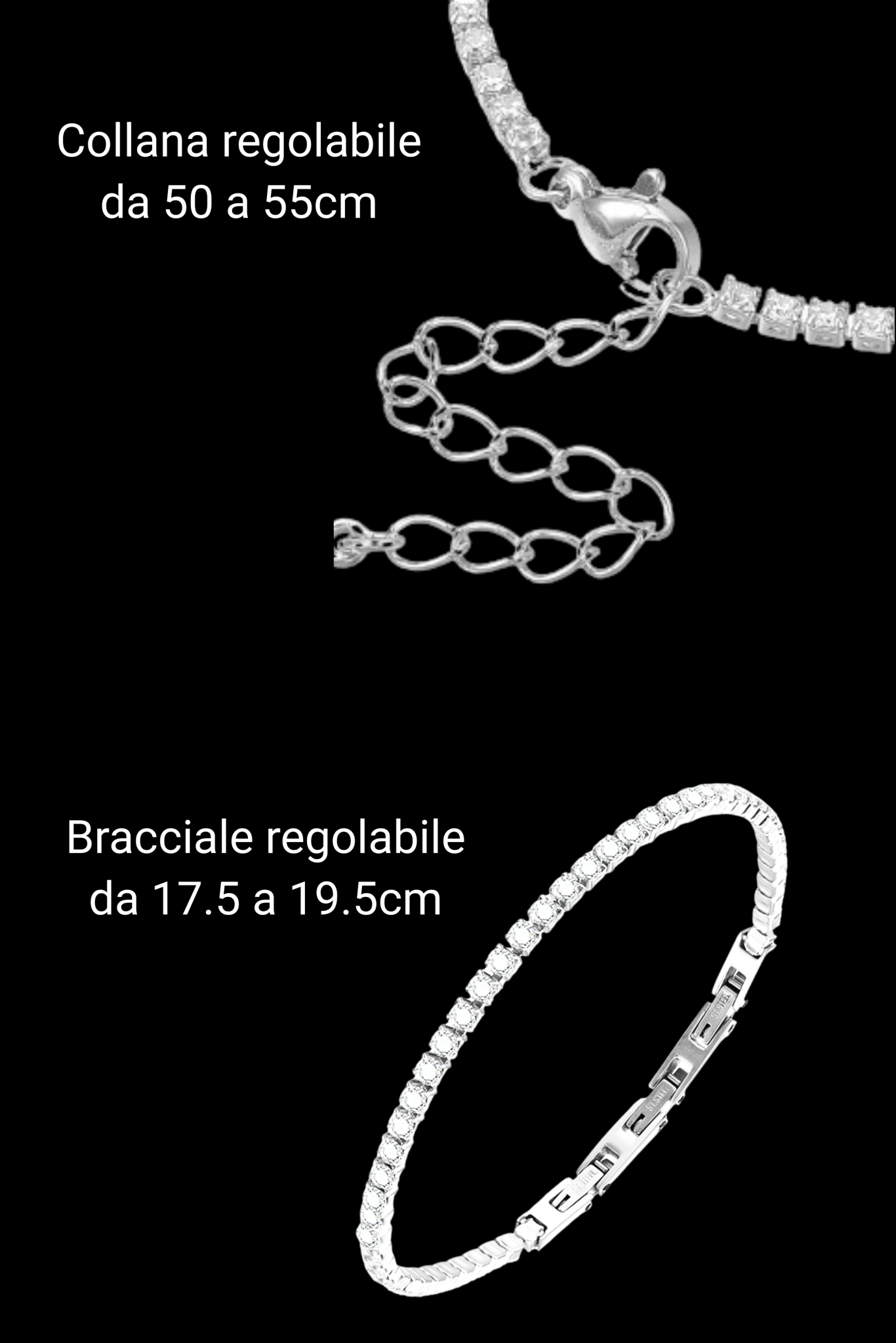 Set collana + bracciale tennis regolabili + orecchini